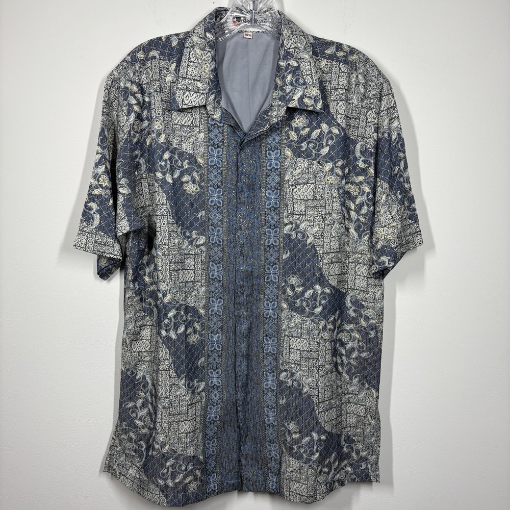 Batik Keris Men Short Sleeve Button Up Shirt Size 16.5 Blue Silky Polyester Asia - Picture 2 of 13